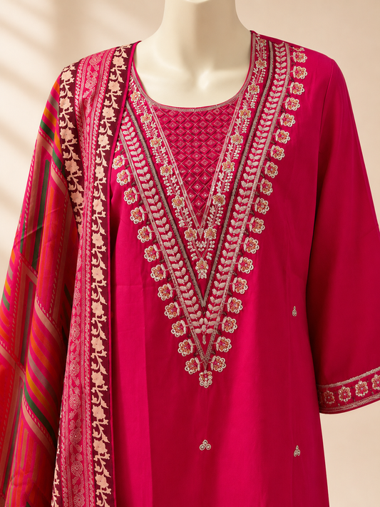 Fuchsia Heritage Embroidered Three-Piece Set