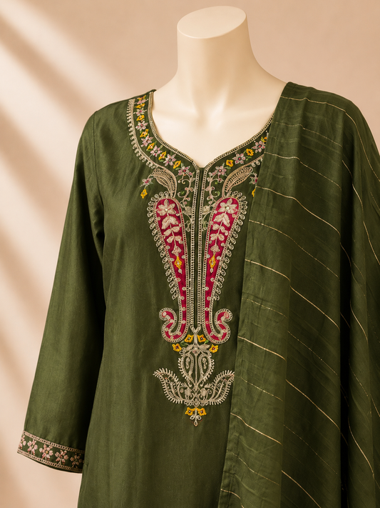 Olive Heritage Embroidered Three-Piece Set