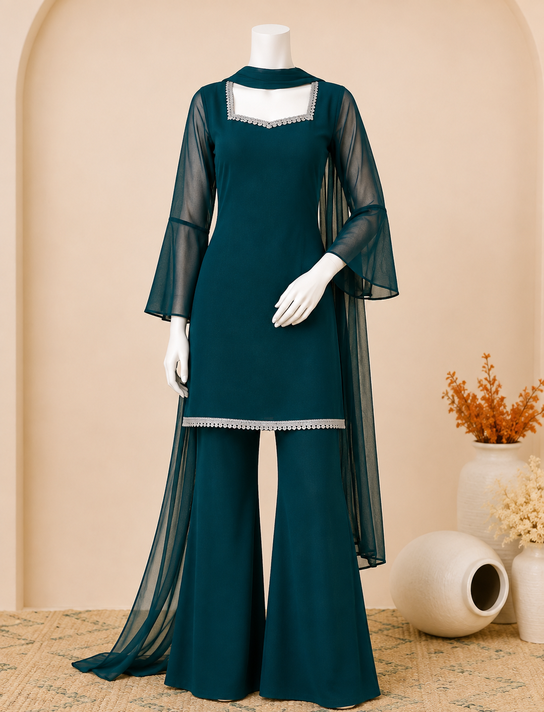 Lace Trim Flared Three-Piece Set
