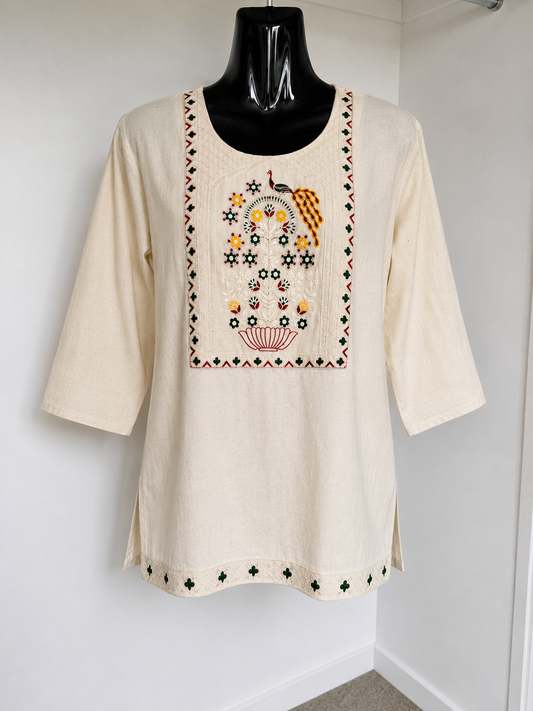 Ivory Hand Embroidered Peacock Garden Kurti