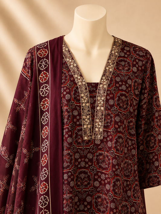 Maroon Ajrakh-Inspired Three-Piece Set