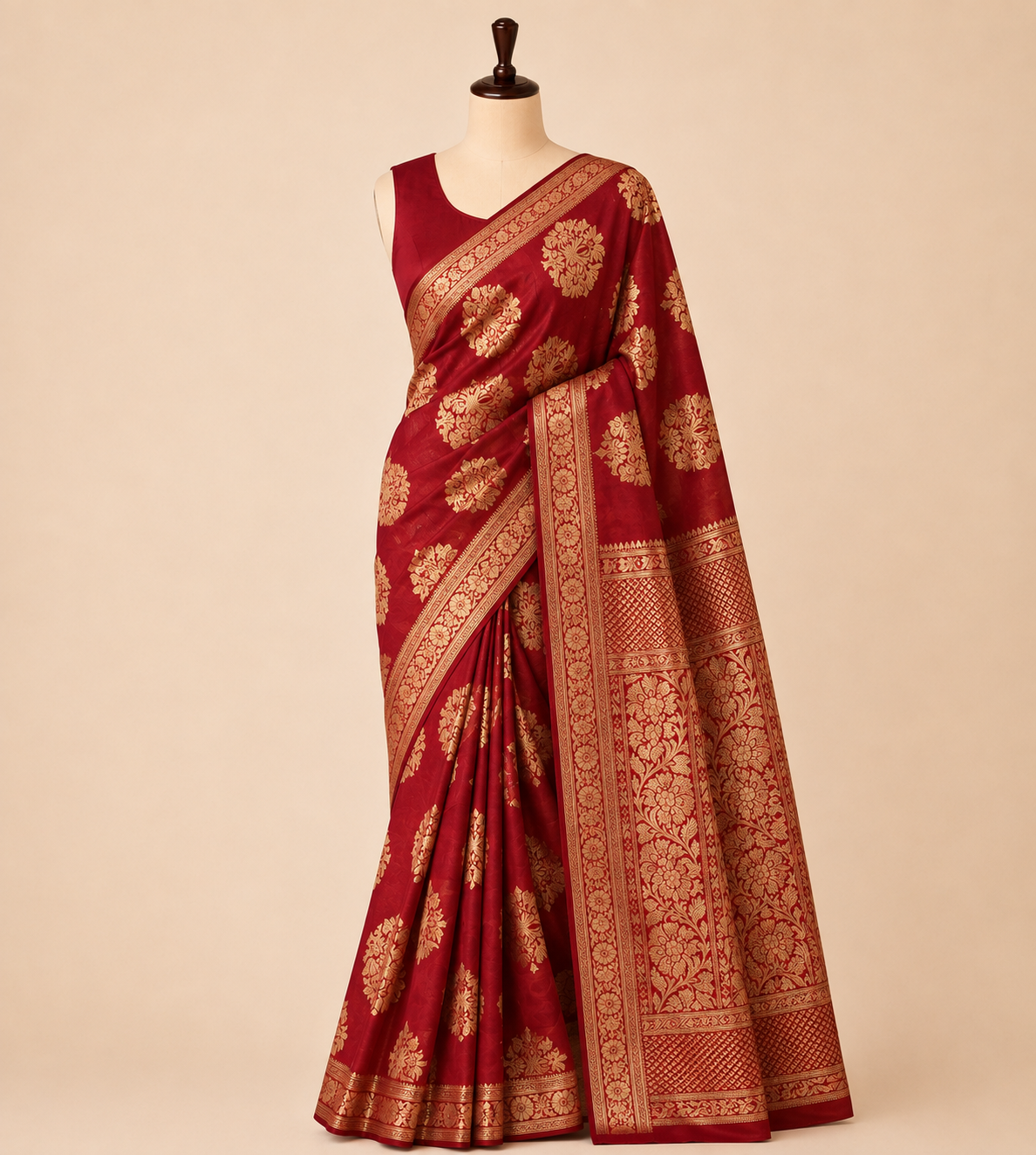 Bollywood Banarasi-Inspired Saree – Deep Red & Gold
