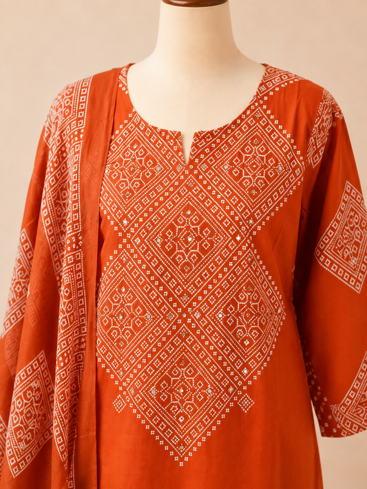 Aarohi Rust Bandhani Three-Piece Set