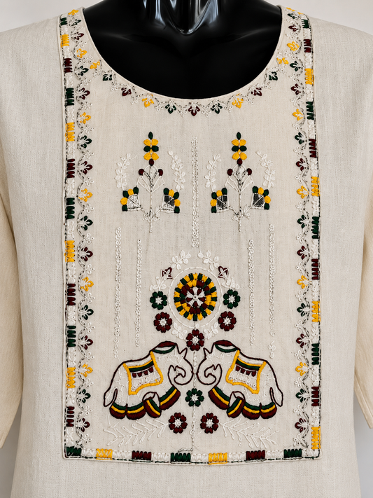 Ivory Hand Embroidered Elephant Kurti