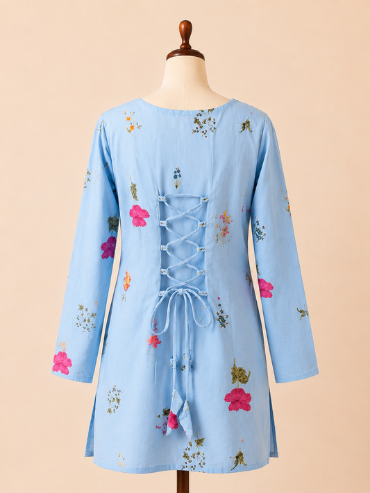 Sky Bloom Corset-Back Short Kurti