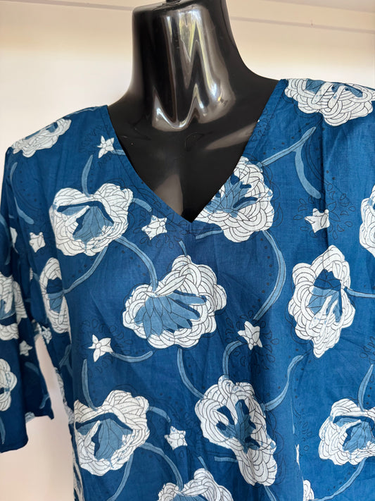 Indigo Bloom Floral Cotton Short Kurti