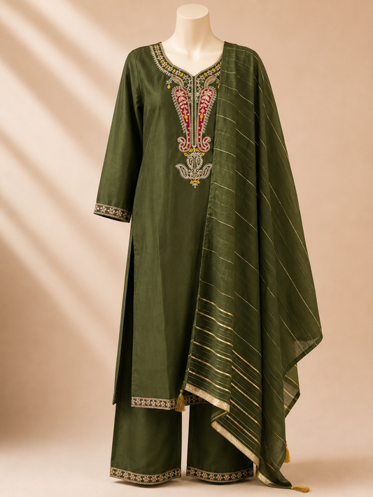 Olive Heritage Embroidered Three-Piece Set