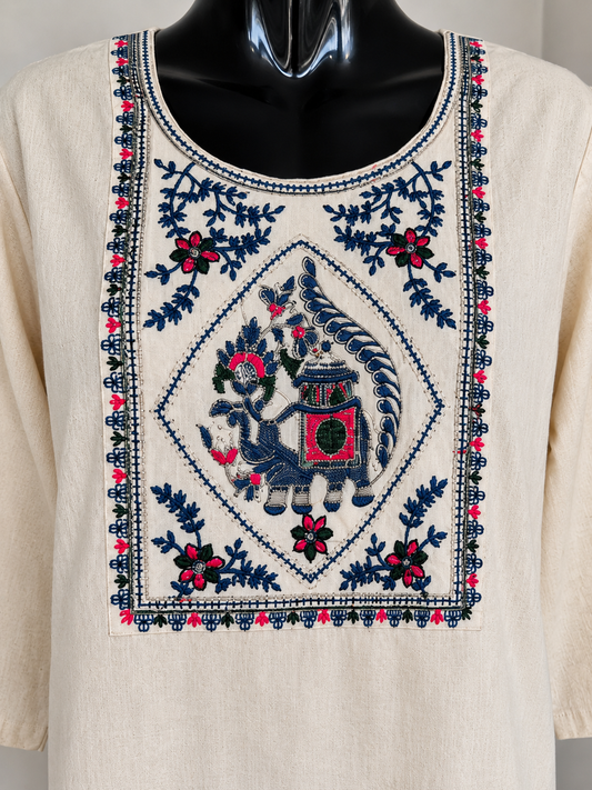 Ivory Hand Embroidered Royal Elephant Kurti