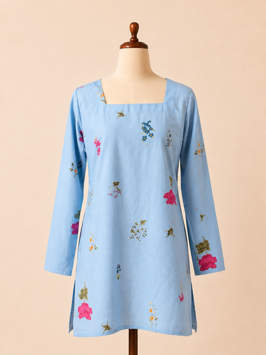 Sky Bloom Corset-Back Short Kurti
