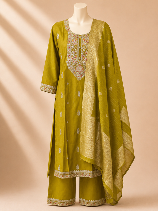 Mustard Olive Embroidered Three-Piece Set
