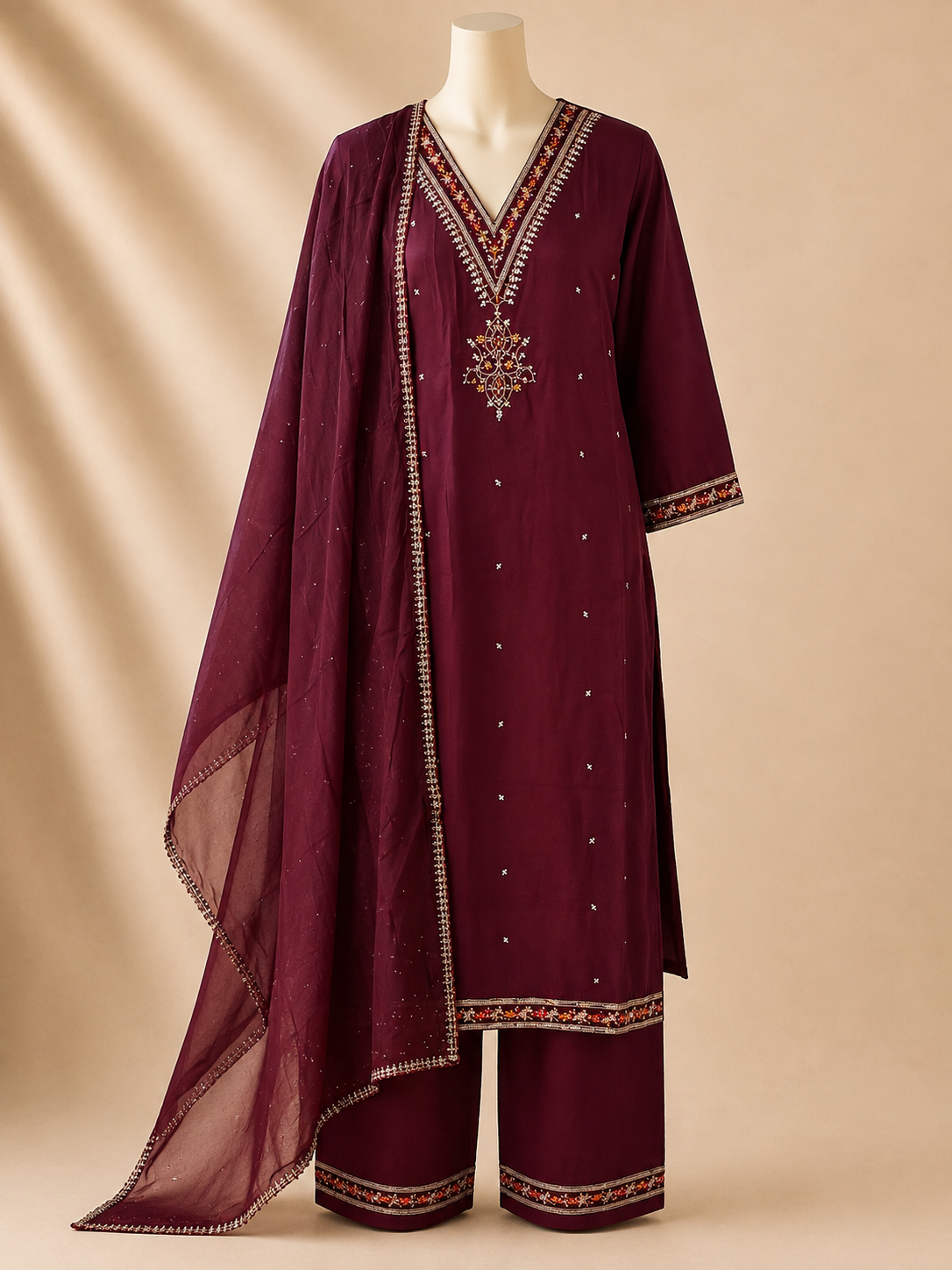 Burgundy Ember Embellished Three-Piece Set