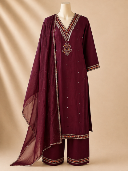 Burgundy Ember Embellished Three-Piece Set
