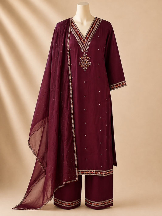 Burgundy Ember Embellished Three-Piece Set