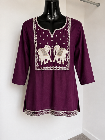 Royal Plum Hand Embroidered Elephant Kurti