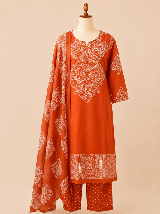 Aarohi Rust Bandhani Three-Piece Set