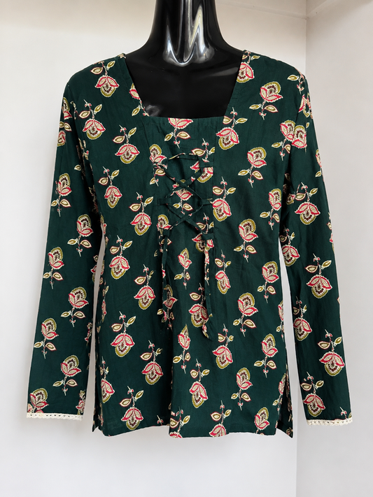 Emerald Bloom Ajrakh-Inspired Cotton Short Kurti
