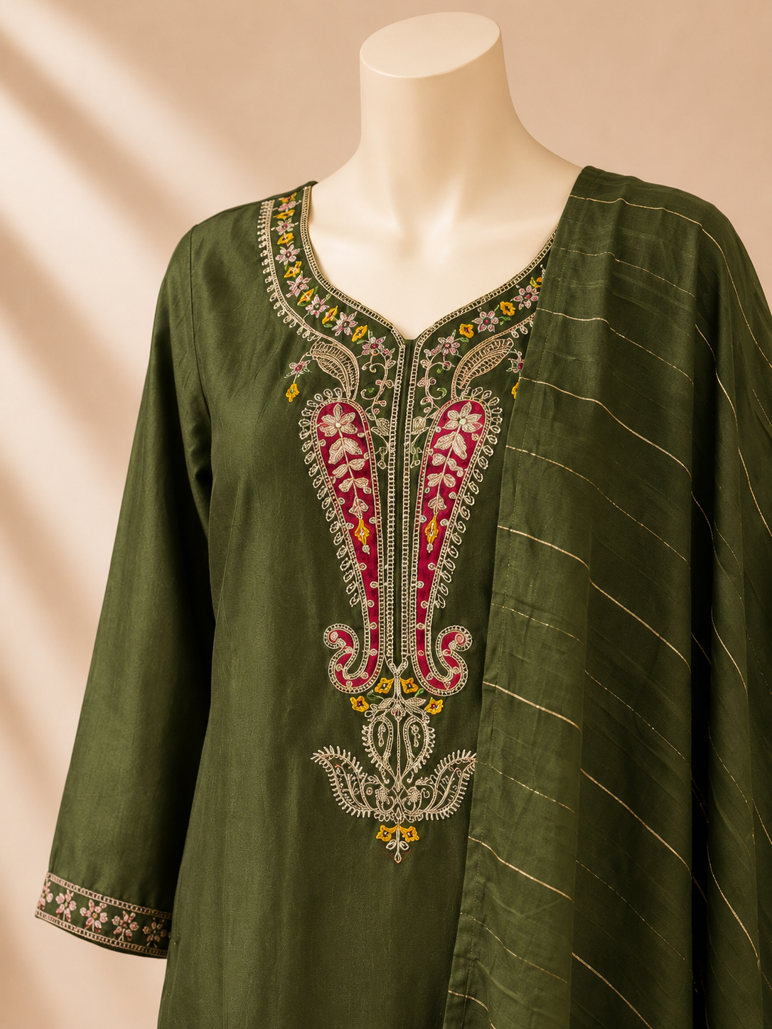 Olive Heritage Embroidered Three-Piece Set