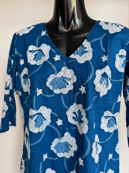 Indigo Bloom Floral Cotton Short Kurti