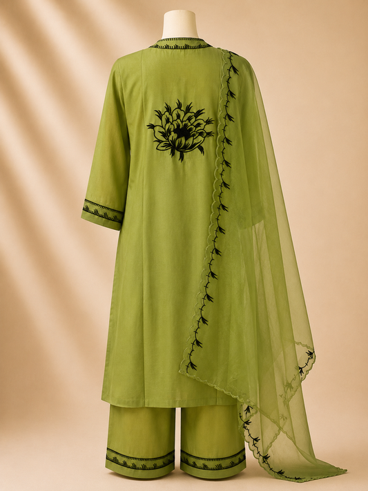 Pistachio Green Beaded  Floral Three-Piece Set