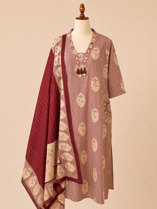 Aarna Maroon Stripe Three-Piece Set