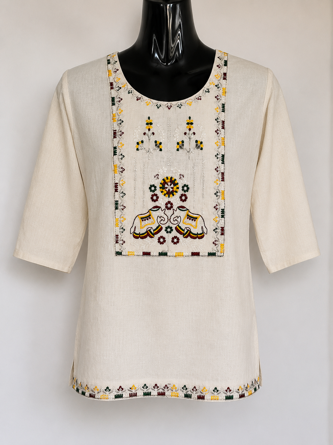 Ivory Hand Embroidered Elephant Kurti