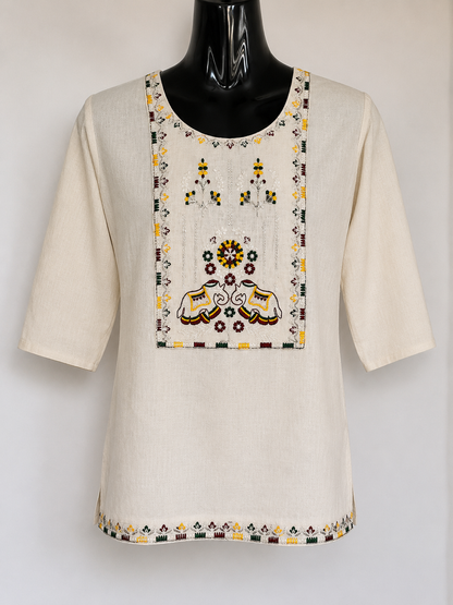 Ivory Hand Embroidered Elephant Kurti