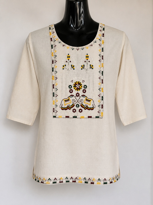 Ivory Hand Embroidered Elephant Kurti
