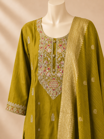 Mustard Olive Embroidered Three-Piece Set