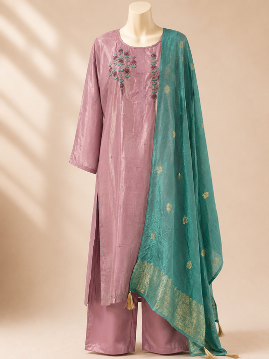 Dusty Rose & Teal Embroidered Three-Piece Set