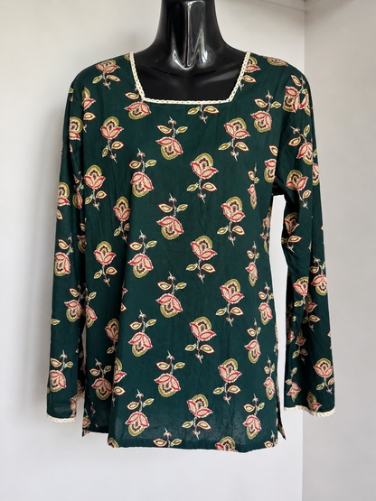 Emerald Bloom Ajrakh-Inspired Cotton Short Kurti