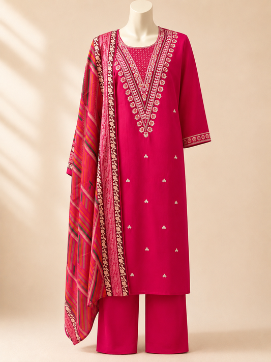 Fuchsia Heritage Embroidered Three-Piece Set