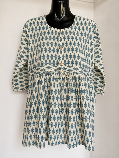 Ivory & Teal Jaipuri Short Kurta