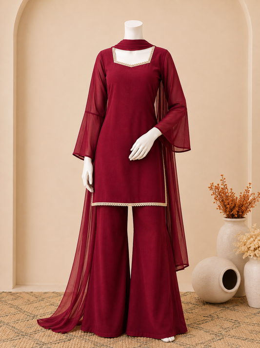 Lace Trim Flared Three-Piece Set