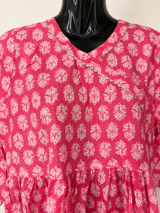 Pink Jaipuri Angrakha Short Kurta