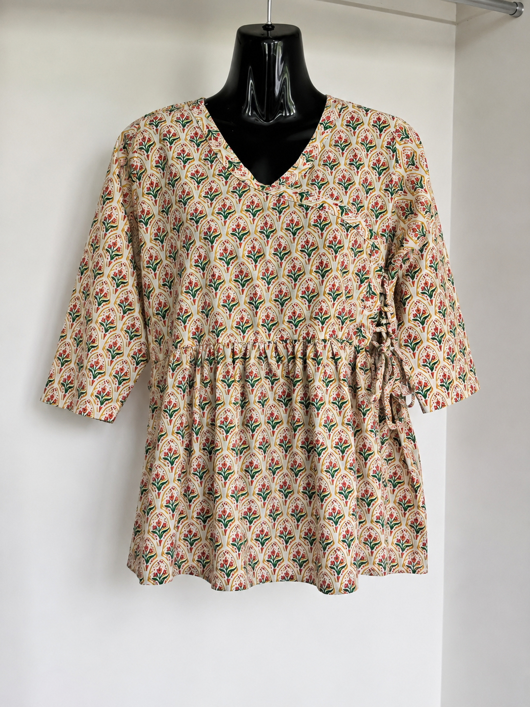 Ivory Floral Jaipuri Angrakha Short Kurta