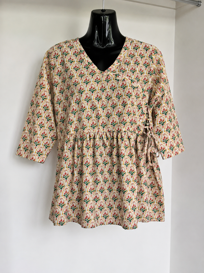 Ivory Floral Jaipuri Angrakha Short Kurta