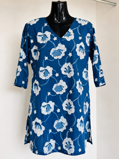 Indigo Bloom Floral Cotton Short Kurti