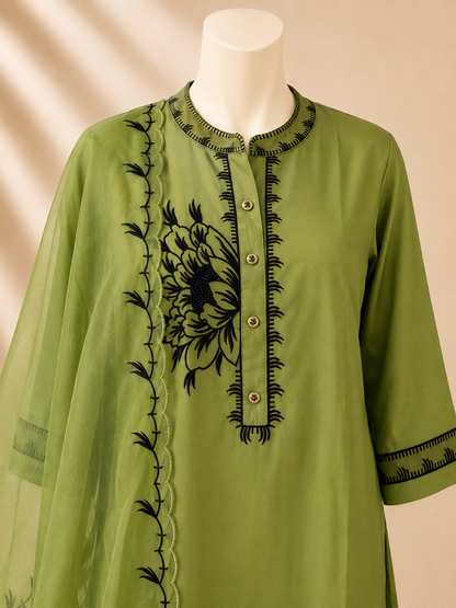 Pistachio Green Beaded  Floral Three-Piece Set