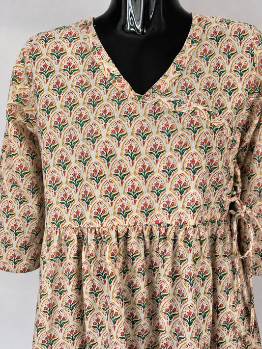 Ivory Floral Jaipuri Angrakha Short Kurta