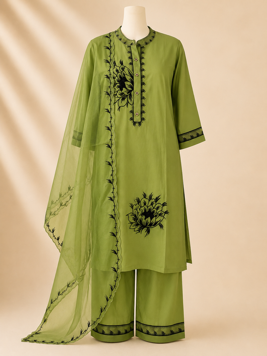 Pistachio Green Beaded  Floral Three-Piece Set
