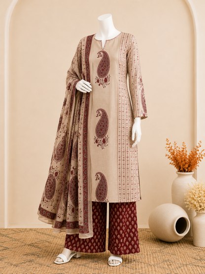 Beige & Maroon Paisley Three-Piece Set