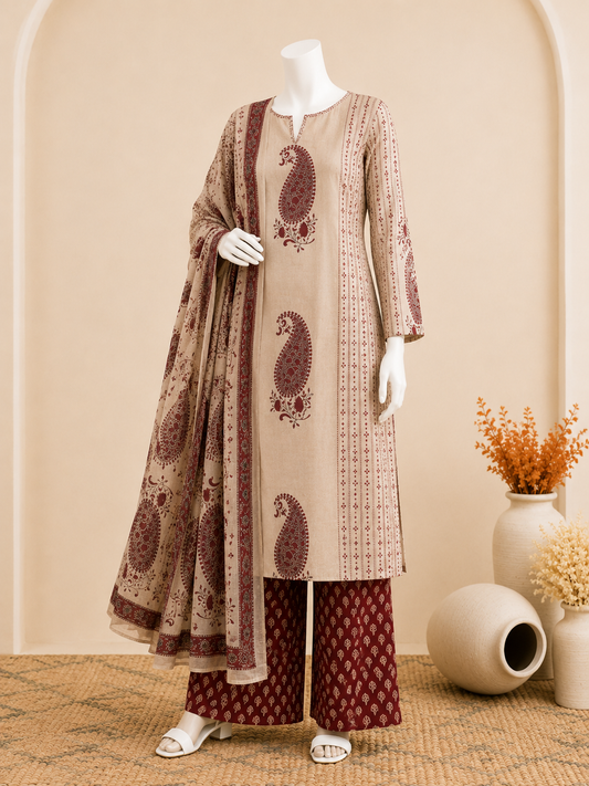 Beige & Maroon Paisley Three-Piece Set