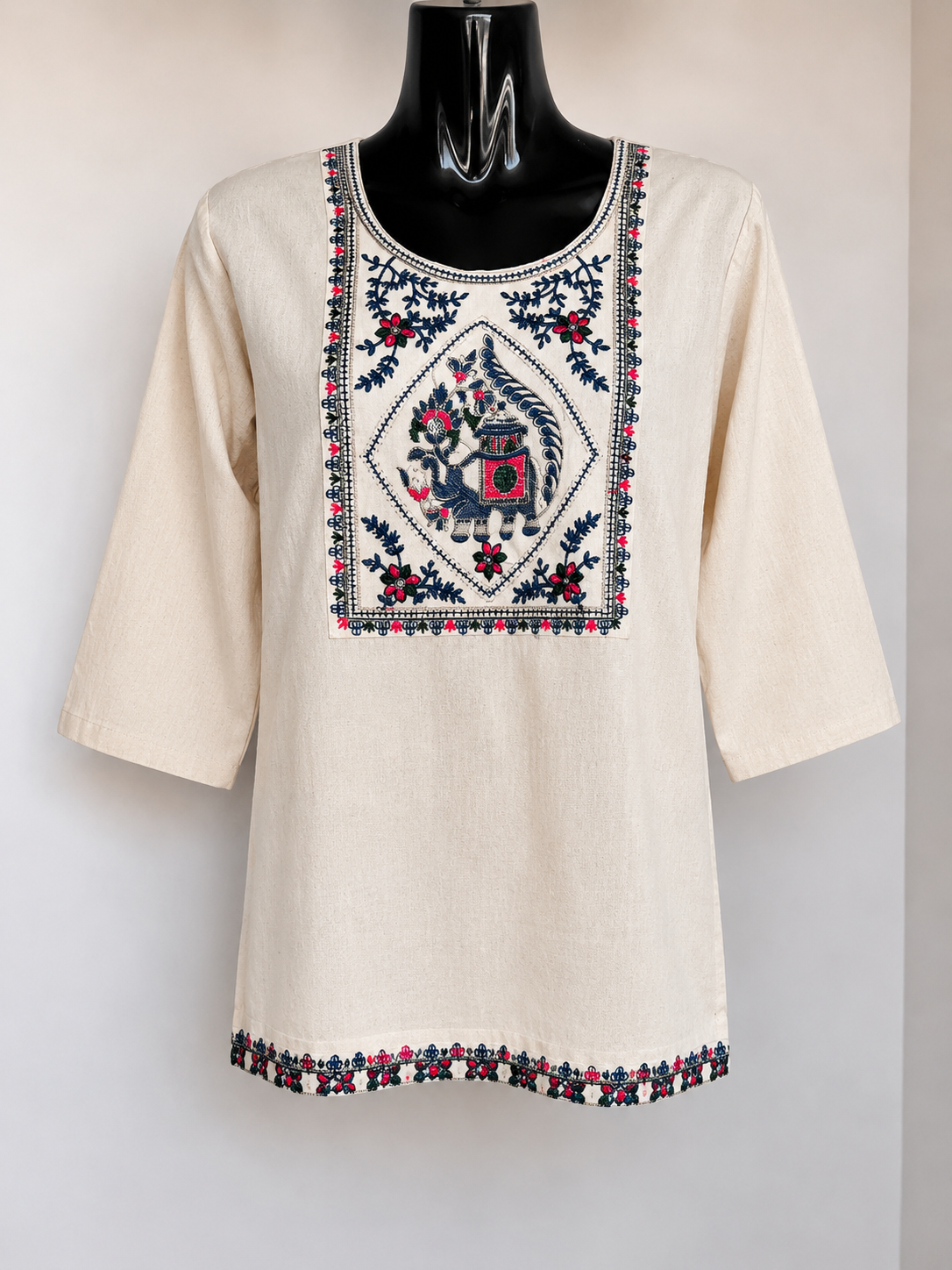 Ivory Hand Embroidered Royal Elephant Kurti