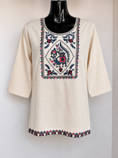 Ivory Hand Embroidered Royal Elephant Kurti
