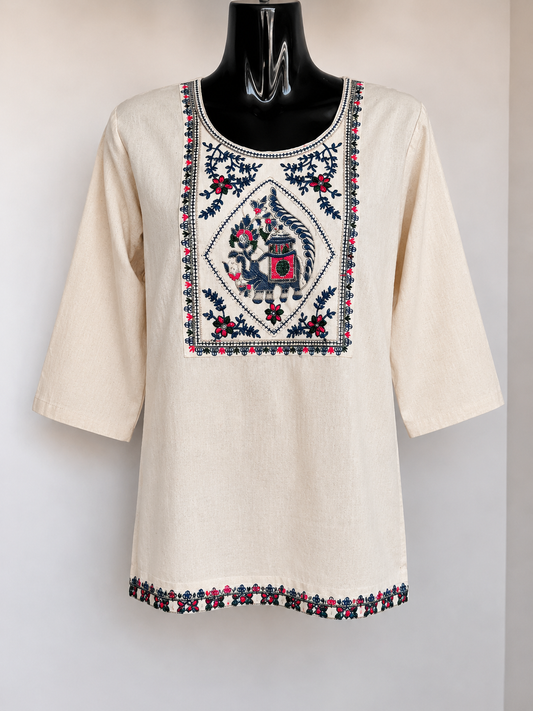 Ivory Hand Embroidered Royal Elephant Kurti