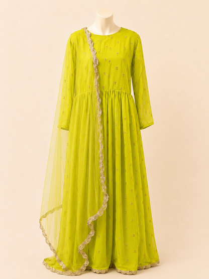 Lime Noor Mirror Work Anarkali Set