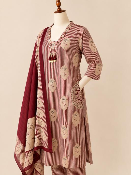 Aarna Maroon Stripe Three-Piece Set