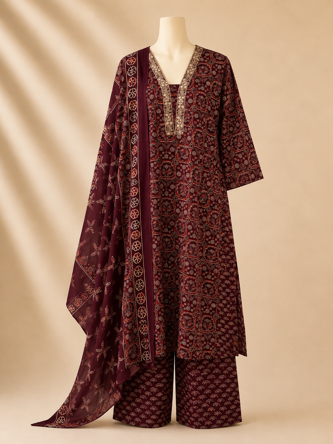 Maroon Ajrakh-Inspired Three-Piece Set