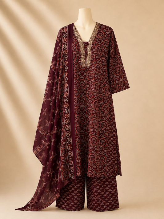 Maroon Ajrakh-Inspired Three-Piece Set