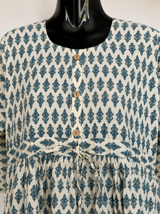 Ivory & Teal Jaipuri Short Kurta